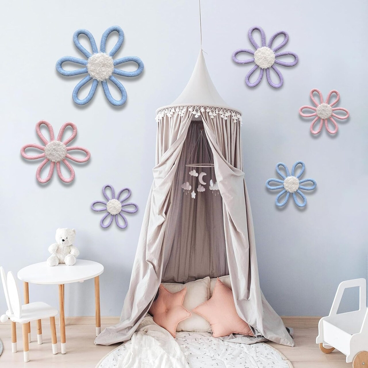 6 Pcs Boho Daisy Nursery Wall Decor Set - Handwoven Macrame Wall Hanging Art with Cotton Rope & Yarn, Floral Bohemian Room Decor for Girls Bedroom, Baby Room, Dorm (Pink, Blue and Purple)